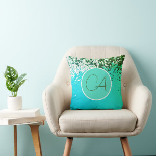 Fun Confetti Monogram Turquoise Throw Pillow