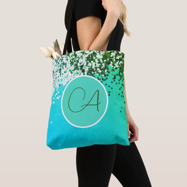 Fun Confetti Monogram Turquoise  Tote Bag (Close Up)
