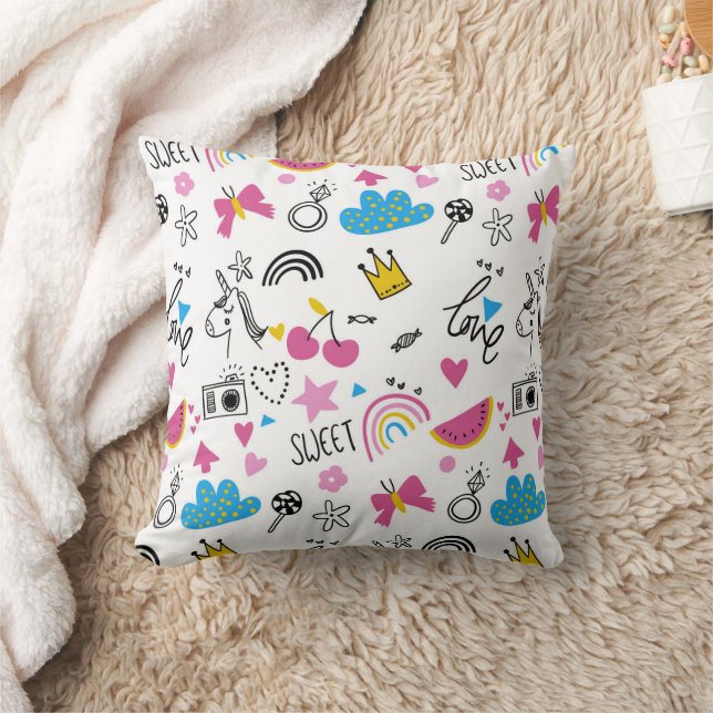 Fun Contemporary Whimsical Style Colourful Pattern Throw Pillow (Blanket)