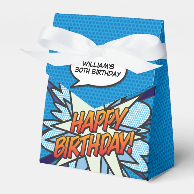 Fun Cool Blue Modern Comic Book Any Age Birthday Favor Box (Front Side)