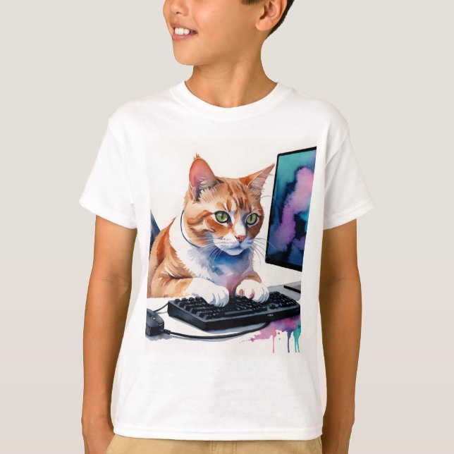 Fun Cool Cat Computer Gaming Animal Humour T-Shirt (Front)