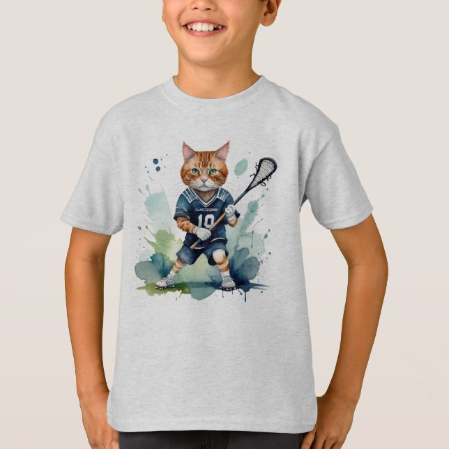 Fun Cool Cat Lacrosse Player  Animal Humour T-Shirt (Front)