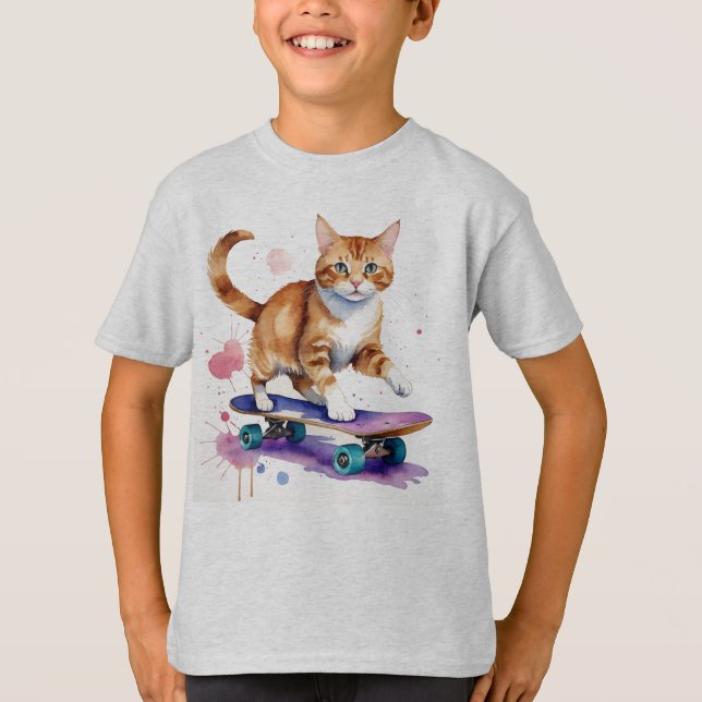 Fun Cool Cat Skateboarding  Animal Humour T-Shirt (Front)