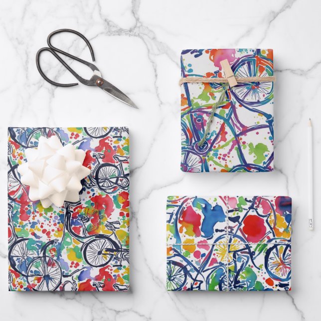 Fun Cool Colour Sketch Bicycle Watercolor Pattern Wrapping Paper Sheet (Front)