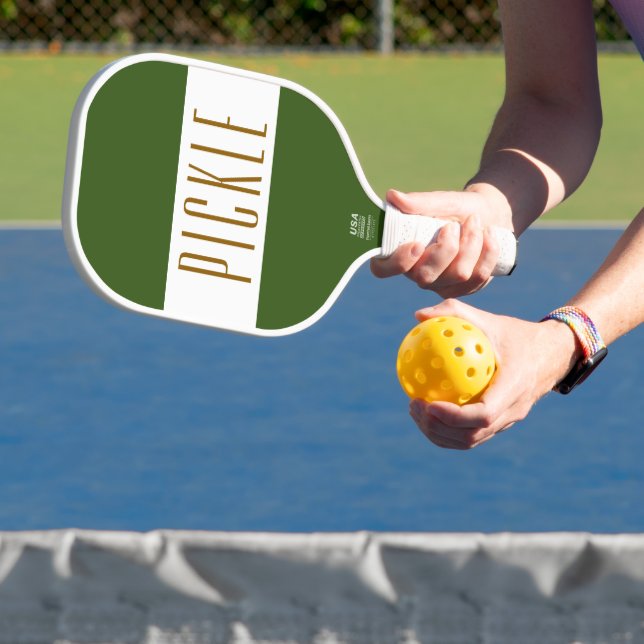 Fun Cool Forest Green White Stripes PICKLE Text  Pickleball Paddle (Insitu)