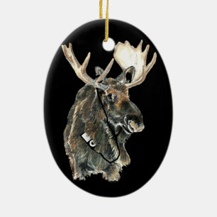 Fun Cool Moose listening to Music with Headphones Ceramic Ornament