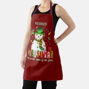 Fun Cool Snowman Christmas on DEEP RED Apron