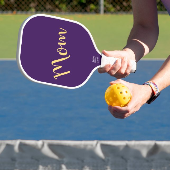 Fun Cool Vibrant Elegant Dark Purple "Mom" Script  Pickleball Paddle (Insitu)