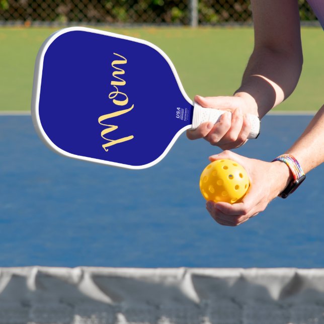 Fun Cool Vibrant Elegant Royal Blue "Mom" Script Pickleball Paddle (Insitu)