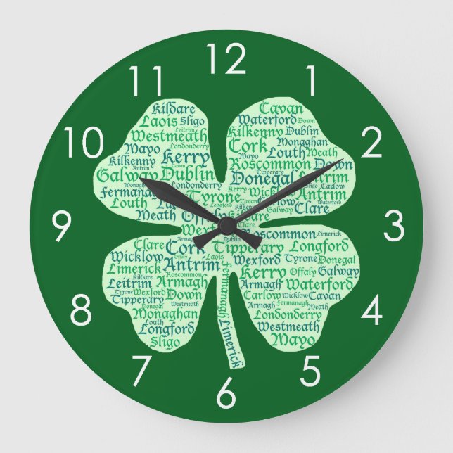 Fun Counties of Ireland Shamrock Large Clock (Front)