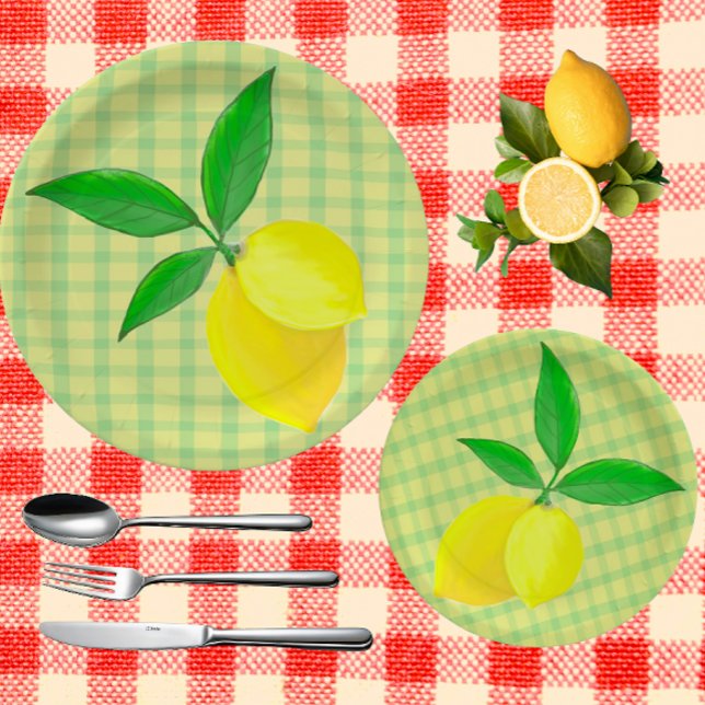 Fun Country Yellow Green Check Lemon  Paper Plate (Perfect for a summer picnic!)