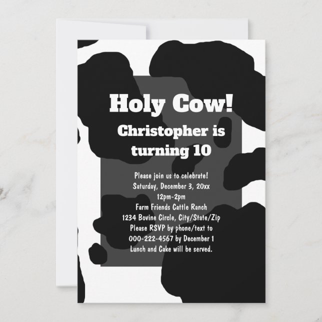 Fun Cow Print Personalized Holy Cow Kids Birthday Invitation (Front)