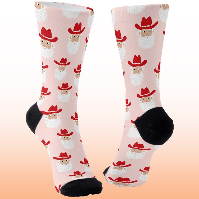 Fun Cowboy Santa Claus Western Christmas Pink Socks (Fun Cowboy Santa Claus Western Holidays Christmas socks)