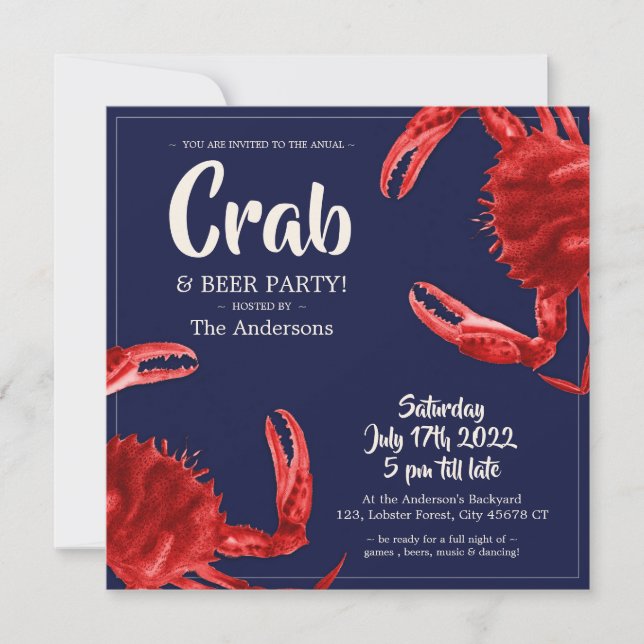 Fun Crab Boil Dark Blue Summer Party Custom Invitation (Front)