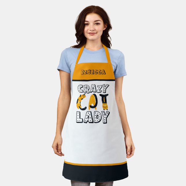 Fun Crazy Cat Lady Text Name Yellow Grey White Apron (Worn)