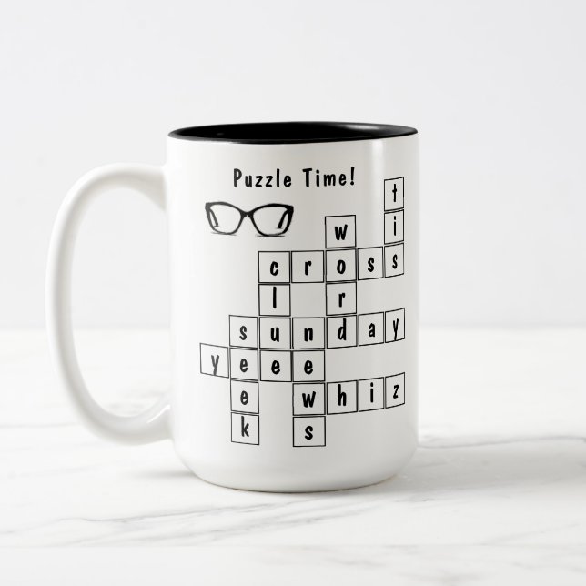 Fun Crossword Puzzle Black and White  Two-Tone Coffee Mug (Left)