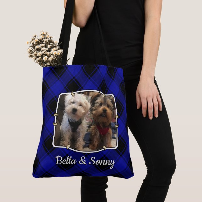 Fun Custom 2 Photo Frame Blue & Black Plaid Tote Bag (Close Up)