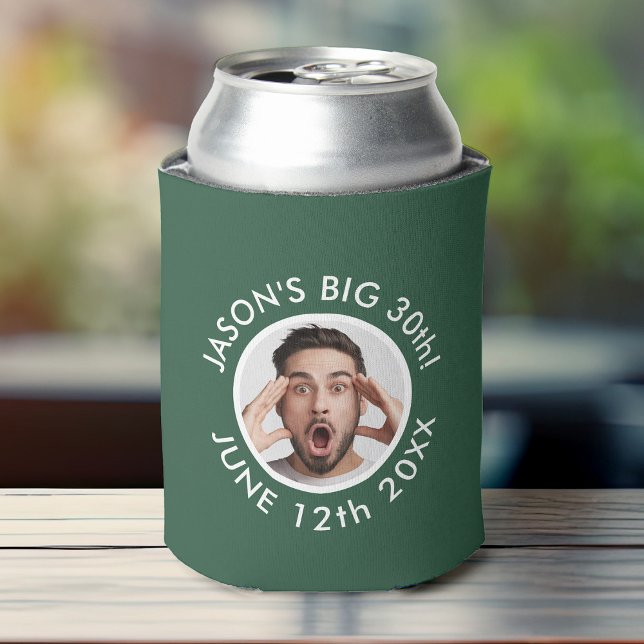 Fun Custom 30th Portrait 2 Photo Birthday Party Can Cooler (Hunter green birthday can cooler with a circular photo frame and custom surrounding text in white.)