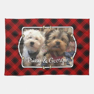 Fun Custom Christmas Red & Black Plaid Photo Frame Kitchen Towel