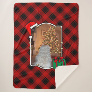 Fun Custom Christmas Red & Black Plaid Photo Frame Sherpa Blanket