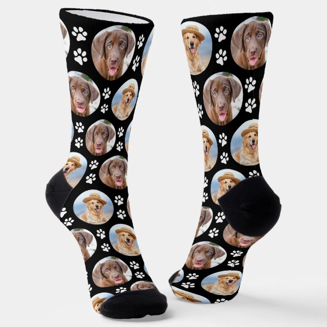 Fun Custom Dog 2 Pet Photo Cute Paw Prints Socks (Angled)