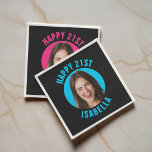 Fun Custom Face Cutout Photo Happy 21st Birthday Napkin<br><div class="desc">Turn up the fun and drama for their 21st with bold black cocktail napkins featuring the guest of honor’s photo in a bright circle and their name in sleek modern type below. The high‑contrast design instantly upgrades your bar cart, dessert table, and snack station, and really pops in nighttime party...</div>