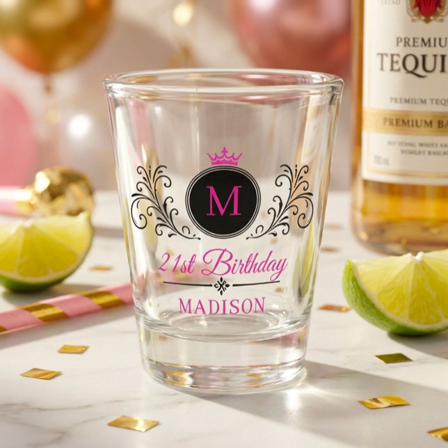 Fun Custom Name Crown Crest Monogram Birthday Shot Glass (Creator Uploaded)