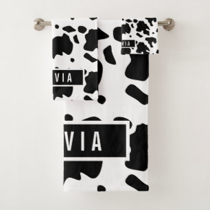 Fun Custom Name Holstein Cow Animal Print Pattern Bath Towel Set