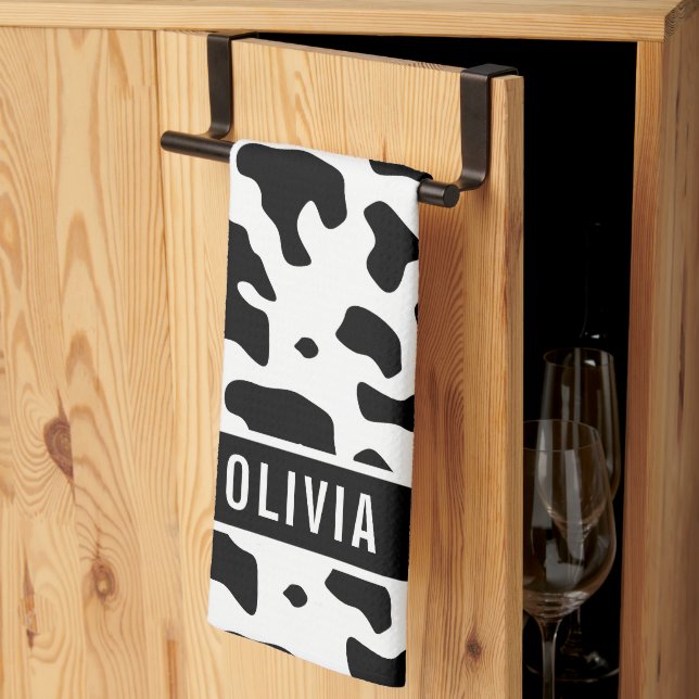 Fun Custom Name Holstein Cow Animal Print Pattern Kitchen Towel (Thirds Fold)