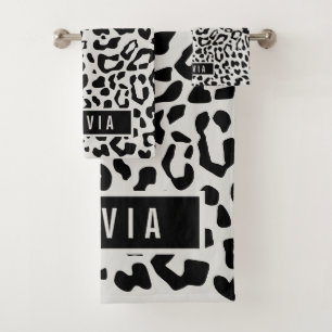Fun Custom Name Snow Leopard Animal Print Pattern Bath Towel Set