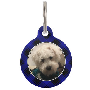 Fun Custom Pet Photo Frame Blue and Black Plaid Tag
