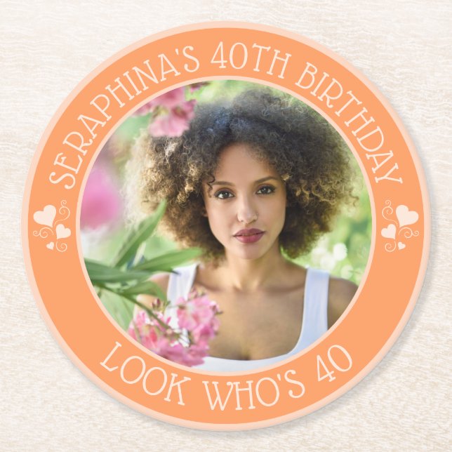 Fun Custom Photo 40th Birthday Party Favour Round Paper Coaster (Front)