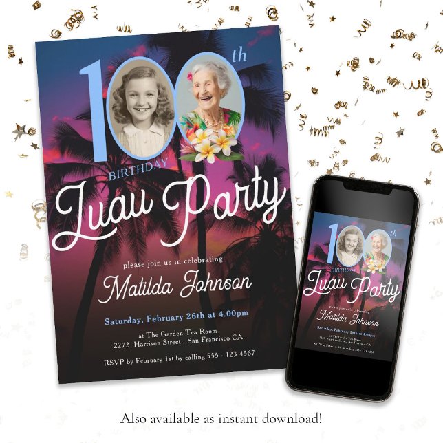 Fun Custom Photo Luau 100th Birthday Party Invitation (100th Birthday Luau Party Classy Fun Custom Photo Invitation)