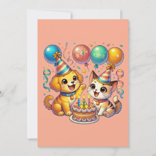 Fun & Cute Birthday Puppy & Kitten Party Invitation