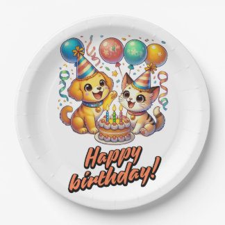 Fun & Cute Birthday Puppy & Kitten Party Paper Plate