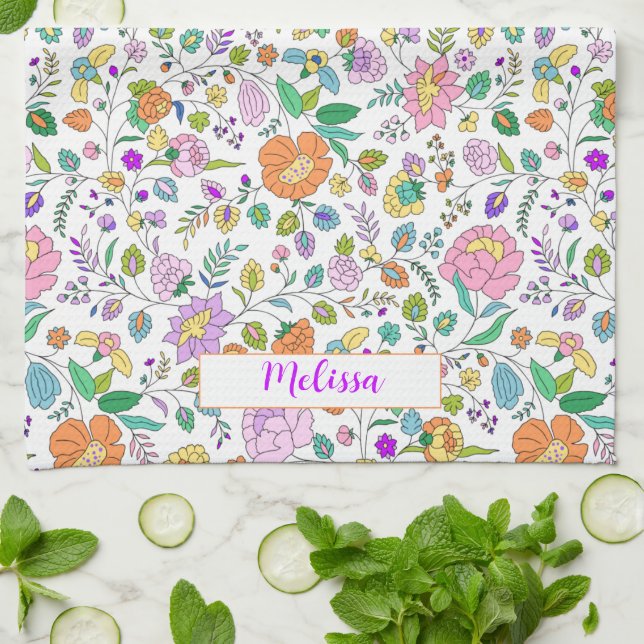 Fun Cute Botanical Colourful Floral Monogram Kitchen Towel (Folded)