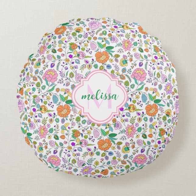 Fun Cute Botanical Colourful Floral Monogram Round Pillow (Front)
