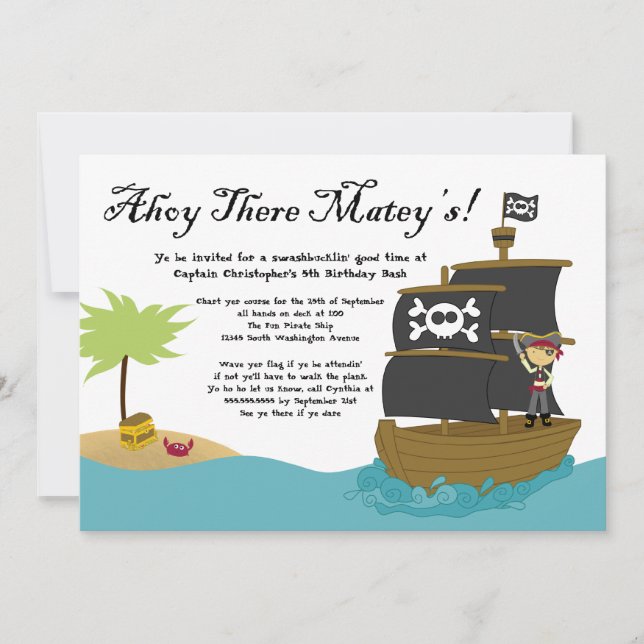 Fun cute boy's pirate birthday party invitation (Front)