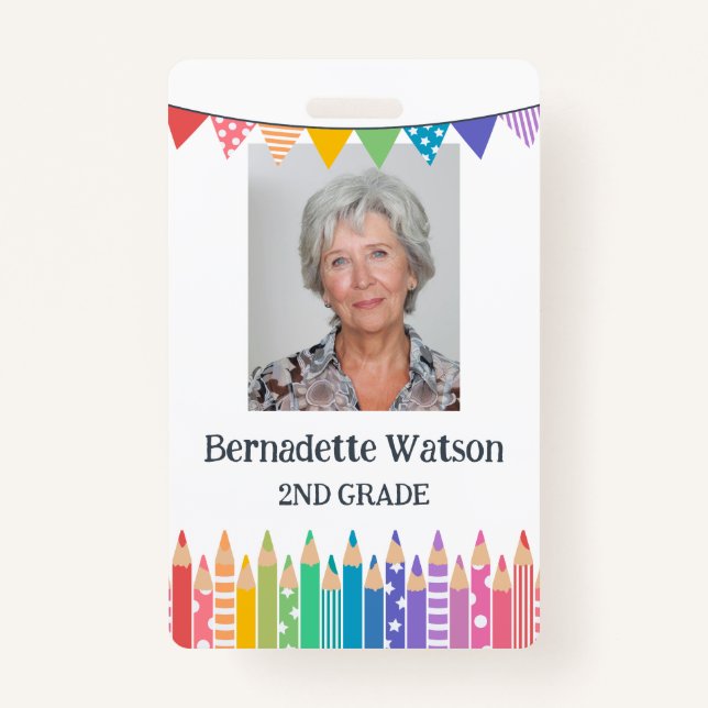 Fun Cute Coloured Pencils School Teacher ID Badge (Front)