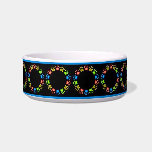 Fun Cute Colourful Dog Paw Circle Pattern Dog Bowl (Front)