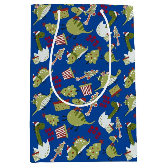 Fun Cute Dinosaurs Presents Tree Pattern Christmas Medium Gift Bag (Front)