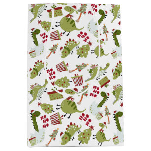 Fun Cute Dinosaurs Presents Tree Pattern Christmas Medium Gift Bag