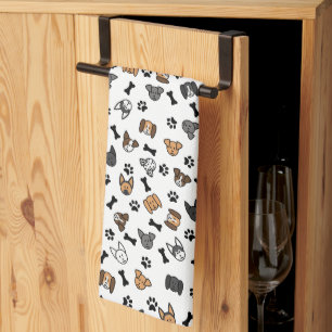 Fun Cute Dog Breeds with Bones and Paw Prints Kitchen Towel