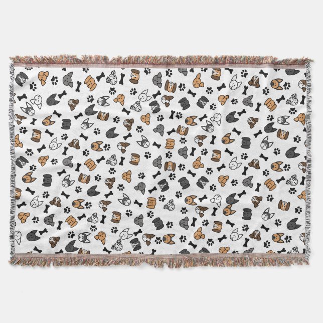 Fun Cute Dog Breeds with Bones and Paw Prints Throw Blanket (Front)