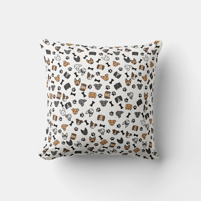 Fun Cute Dog Breeds with Bones and Paw Prints Throw Pillow (Front)