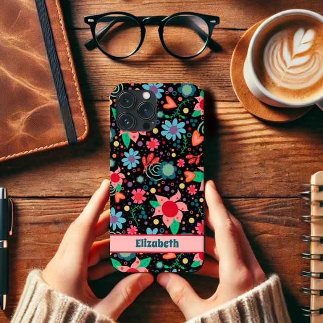 Fun Cute Floral Hearts  Inspirivity Black Pattern Case-Mate iPhone Case (Creator Uploaded)