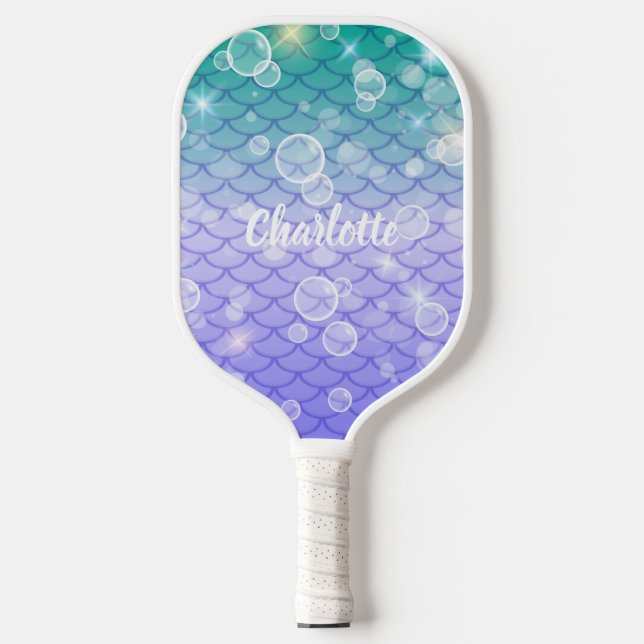 Fun Cute Girly Sparkling Mermaid Scales Bubbles Pickleball Paddle (Front)