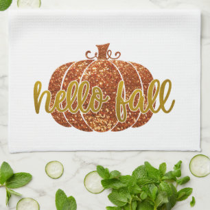 Fun Cute Gold Glitter Hello Fall Pumpkin Kitchen Towel