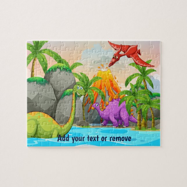 Fun cute jurassic dinosaurs, jungle, volcano, lake jigsaw puzzle (Horizontal)