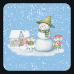 Fun Cute Merry Christmas Snow Holiday Square Sticker<br><div class="desc">Fun Cute Merry Christmas Snow Holiday Stickers is fun with flowing snow on the snowman,  mice and houses in a winter wonderland.</div>